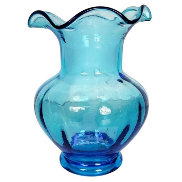 Vintage MCM Aqua Turquoise Blue Ribbed Glass Ruffled Rim Flower Vase 7.5" - Picture 2 of 8